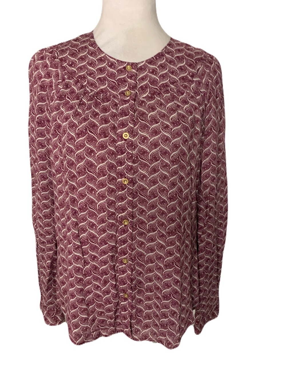 Maeve Women’s XS Maroon Printed Button-Front Lightweight Long Sleeve Blouse